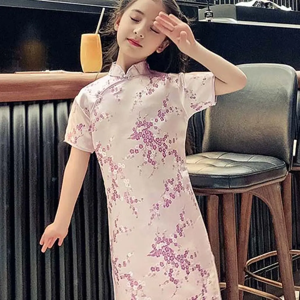 Plum Blossom Pattern Children Cheongsam Short-Sleeved Princess Dress Kids Girls Flower Skirt Girls Clothing Polyester