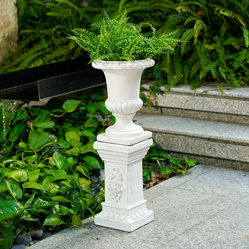 ING European-style simple retro white Roman column Roman flower pot set Outdoor courtyard decoration Garden landscaping ornament
