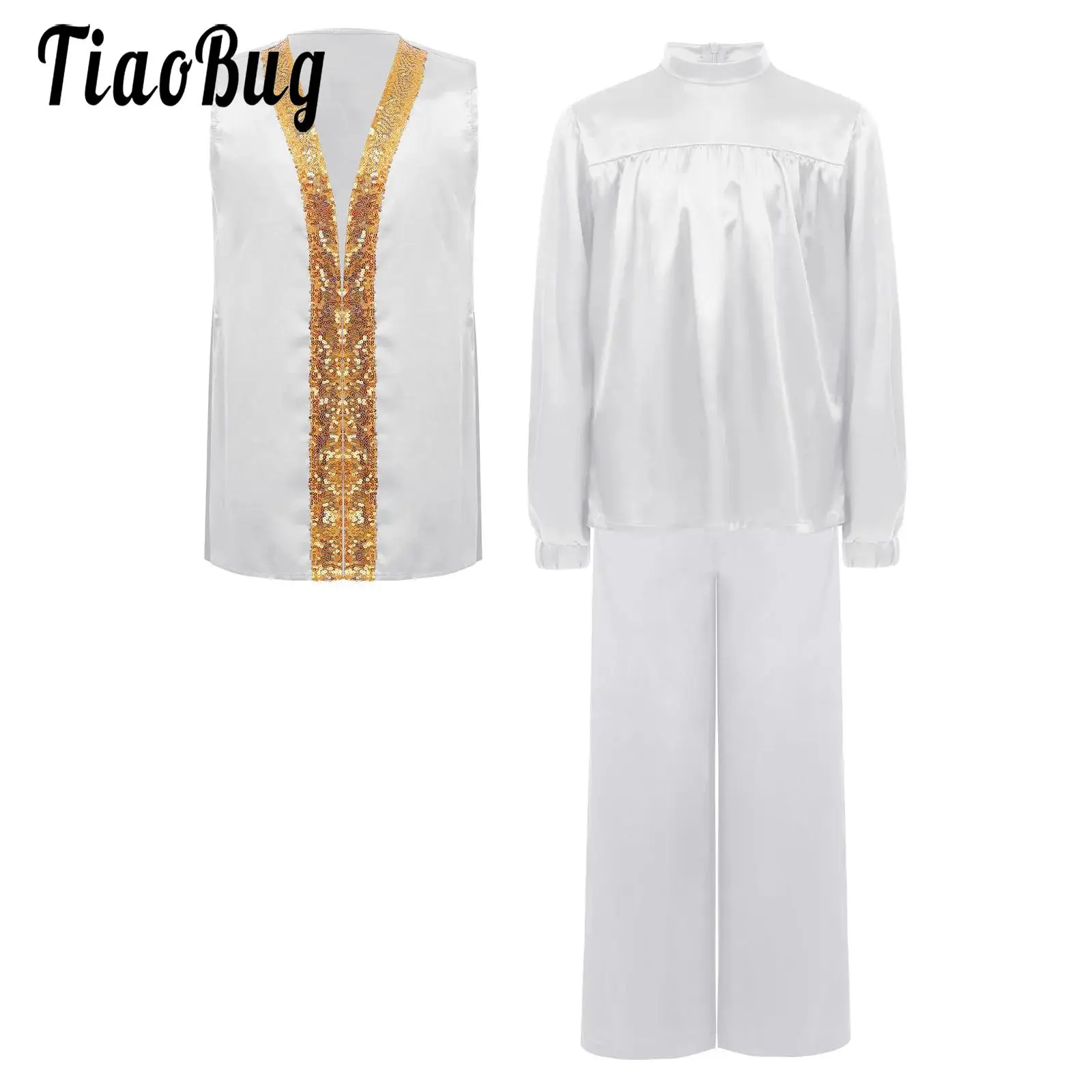 

Kids Boys Praise Liturgical Worship Outfit Dance Lyrical Set Long Sleeve Zipper Top and Pants Sides Split Sequin Sleeveless Robe