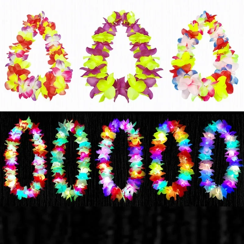 10pcs  Hawaiian Leis Hula Garland Artificial Flowers Necklace Light up Flashing Dance Glow Party Birthday Christmas Halloween