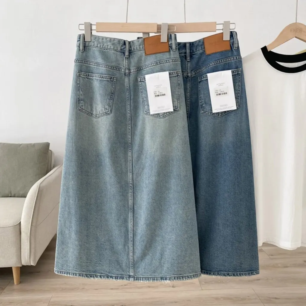 Far Chao Retro mittellanger Jeansrock mit hoher Taille, geteilter Schritt vorne, unbesiegbare Textur, Damenmode, Marktartikel