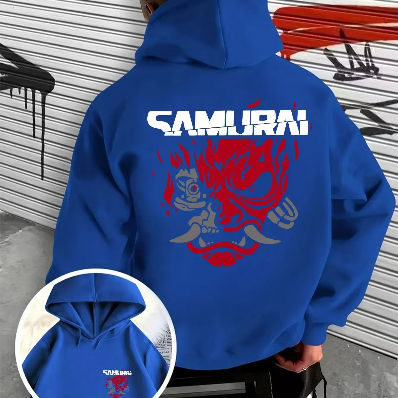 Coole Cyberpunk-Krieger-Dämonenmaske-Aufdruck Herren-Kapuzenpullover für Herbst/Winter, Alltag, Outdoor-Sport, Locker Geschnitten, Fitness – Detail 5