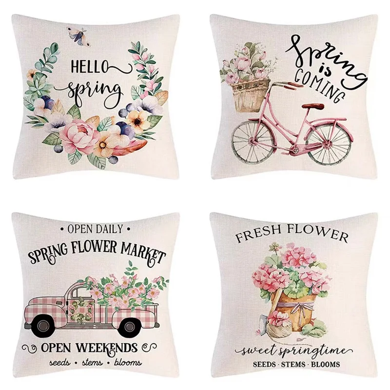 ABFW Spring Pillow Covers 18X18 Set of 4 Spring Decorations Flowers Farmhouse Throw Pillow Home Decor Cushion Case