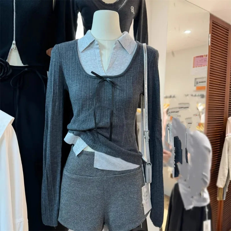 

Early Autumn New Gentle Wind Small ence Color Blo Knitwear Sweater Versatile Slimming Top Korean Sle Long Sve V-Ne