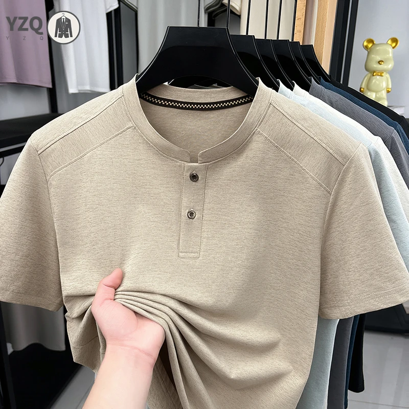 2026 Fashion Men's Henley Neck Tee Simple Button Placket Design Casual Style For Daily Wear