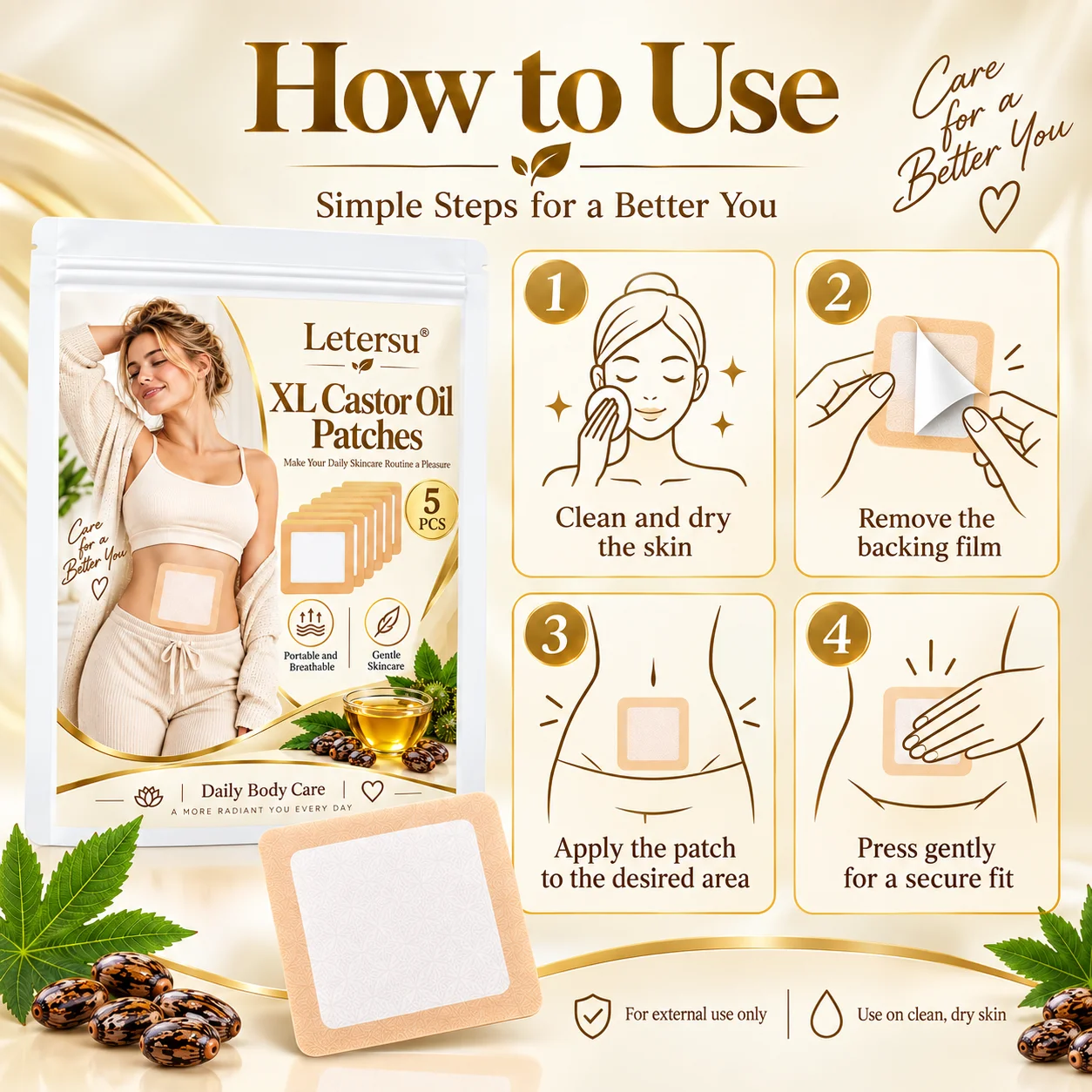 5PCS XL Castor Oil Patches for Belly, Large Castor Oil Pack Wrap Pads, Portable Body Care Patches for Women, Daily Self Care