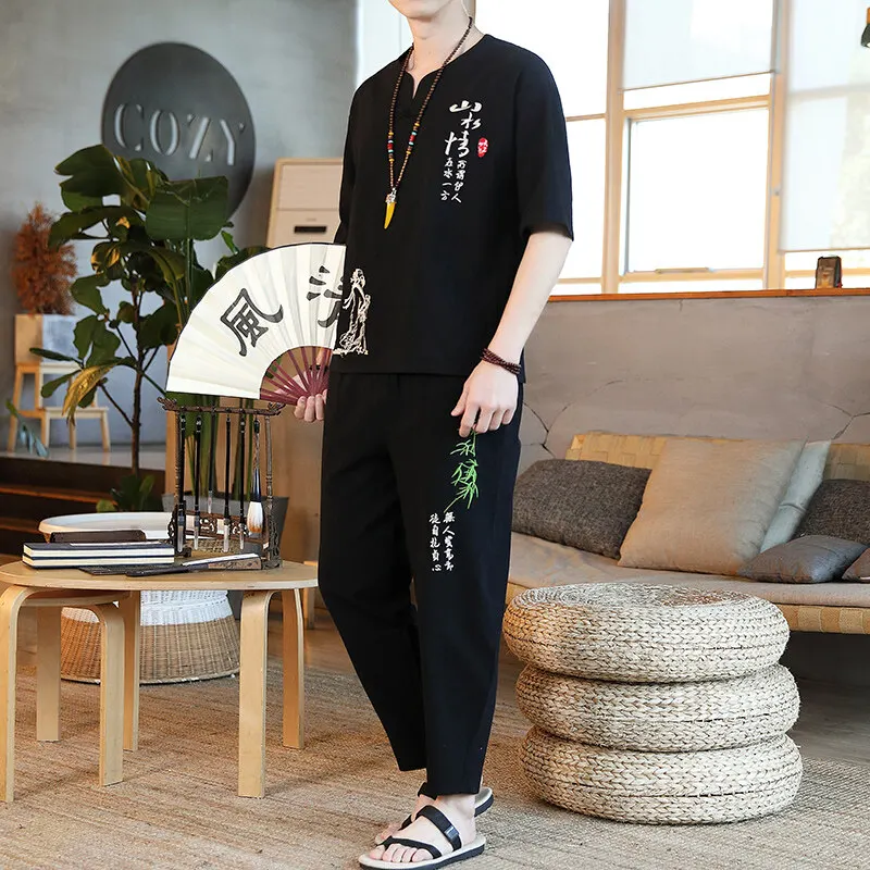 Men's Casual Sets Chinese style Shirts + Pants summer100% Cotton linen Sportswear spring Male Fashion Loose comfortable trousers