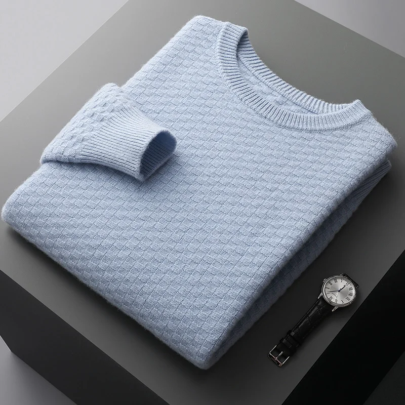 Men's 100% merino wool autumn and winter plaid thick pullover fashion plus size shirt business casual knit bottoming shirt