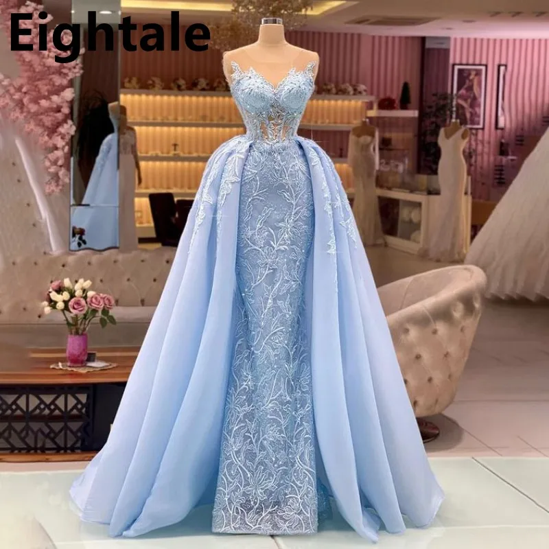 Light Blue Lace Mermaid Illusion Neck Evening Dresses Overskirt Luxury 2023 Formal Prom Dress Party Gown Customized