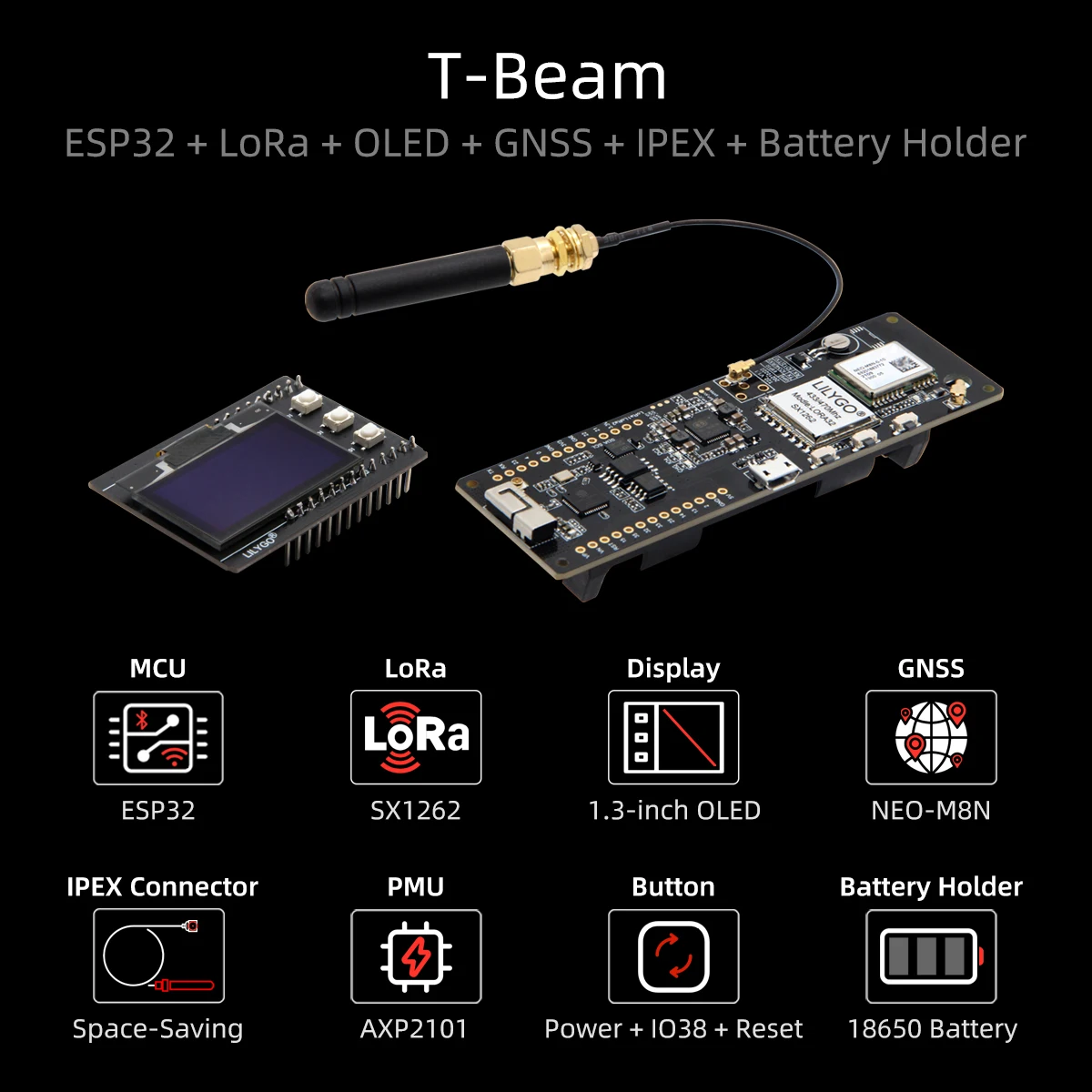 LILYGOยฎ T-Beam ESP32 Development Board SX1262 LoRa Wireless Module GPS NEO-M8N 433/868/915MHz WiFi Bluetooth Integrated Circuits