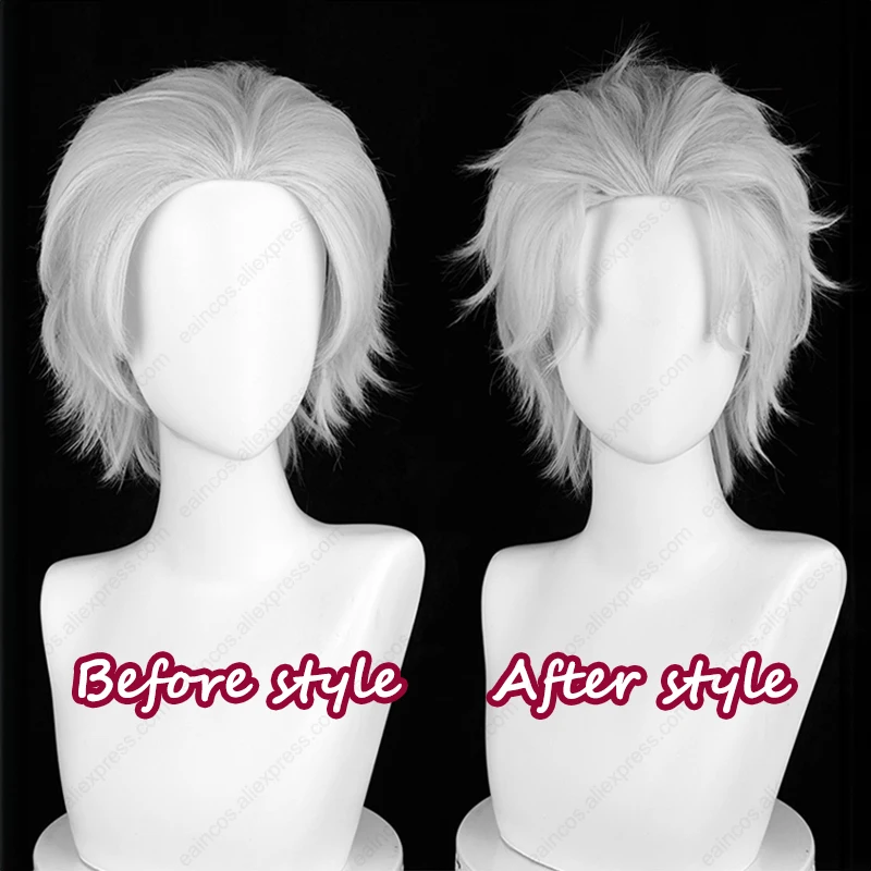 Umemiya-Peluca de cabello corto y esponjoso para Cosplay, cabellera sintética resistente al calor, color blanco y plateado, 30cm