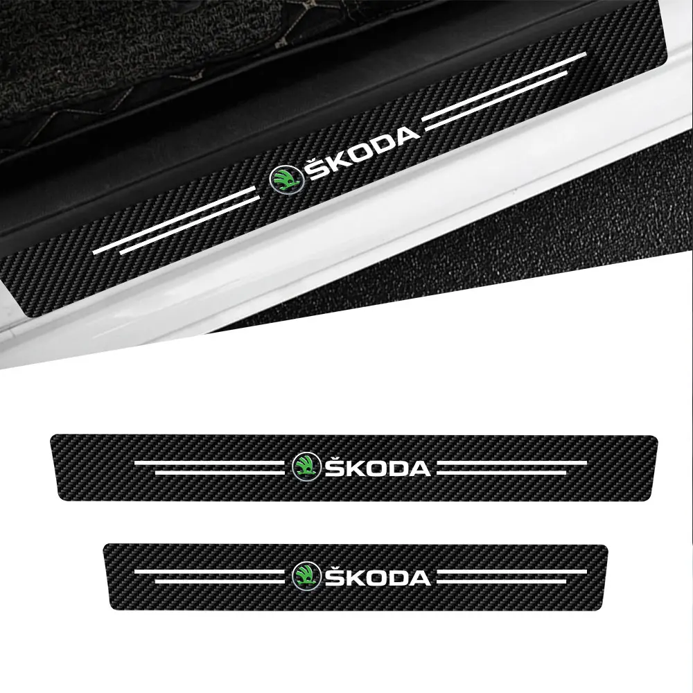 4Pcs Leather Carbon Fiber Car Door Edge Sill Protector Strip Stickers For Skoda Kodiaq Octavia Fabia Karoq Enyaq Kamiq Superb RS