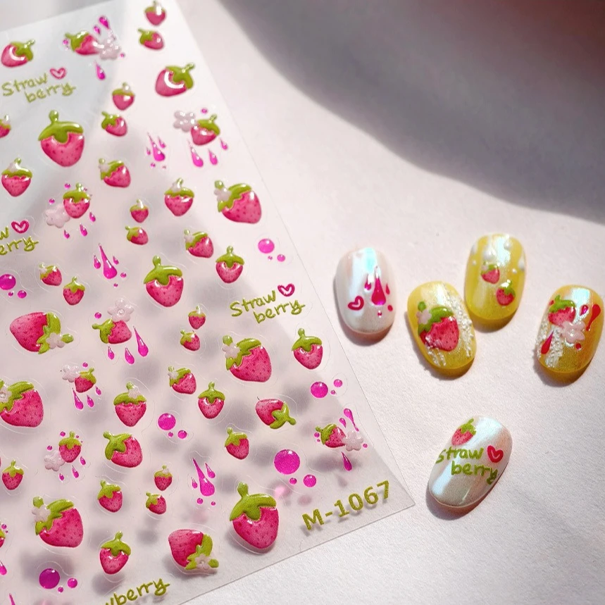 사랑스러운 핑크 크림 딸기 쥬시 과일 꽃 녹색 잎 사랑 하트 귀여운 5D 셀프 접착 네일 아트 스티커 매니큐어 데칼