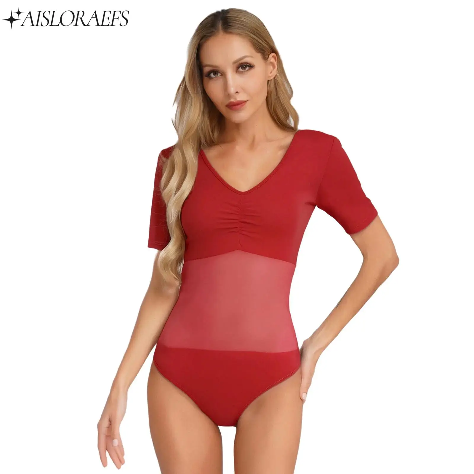 

Womens Ballet Leotard Dance Leotard Short Sleeve Mesh Spliced Button Crotch Bodysuit Jumpsuit Belly Dance Modern Dance Costume