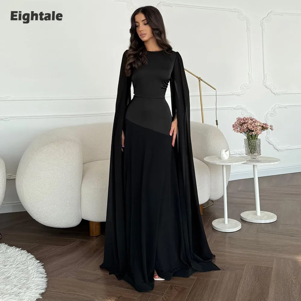 

Черное вечернее платье Eightale с круглым вырезом на заказ, трапециевидное платье с длинными рукавами, арабское мусульманское атласное платье для выпускного вечера, свадебное платье Vestidos De Gala