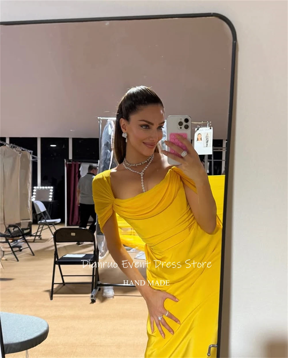 فستان سهرة لامع مصنوع يدويًا من Dianruo بطيات بطول الأرض فيستدو فورماليس أصفر عالي الجودة فيستدوس دي فيرانو مخصص #3
