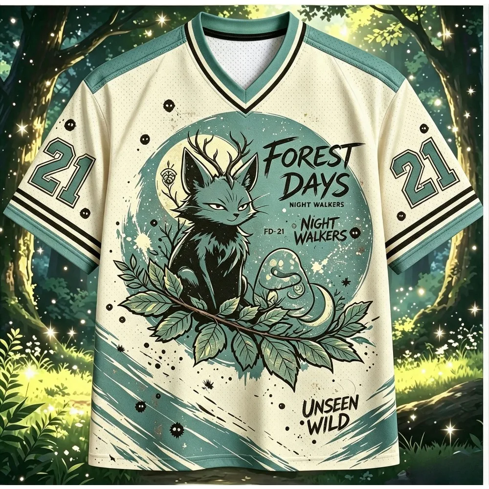 Family Matching Outfits Forest Days Wild Creature Graphic Printed T‑shirt V‑Neck Mesh Breathable Short Sleeve Outdoor Sports Tee