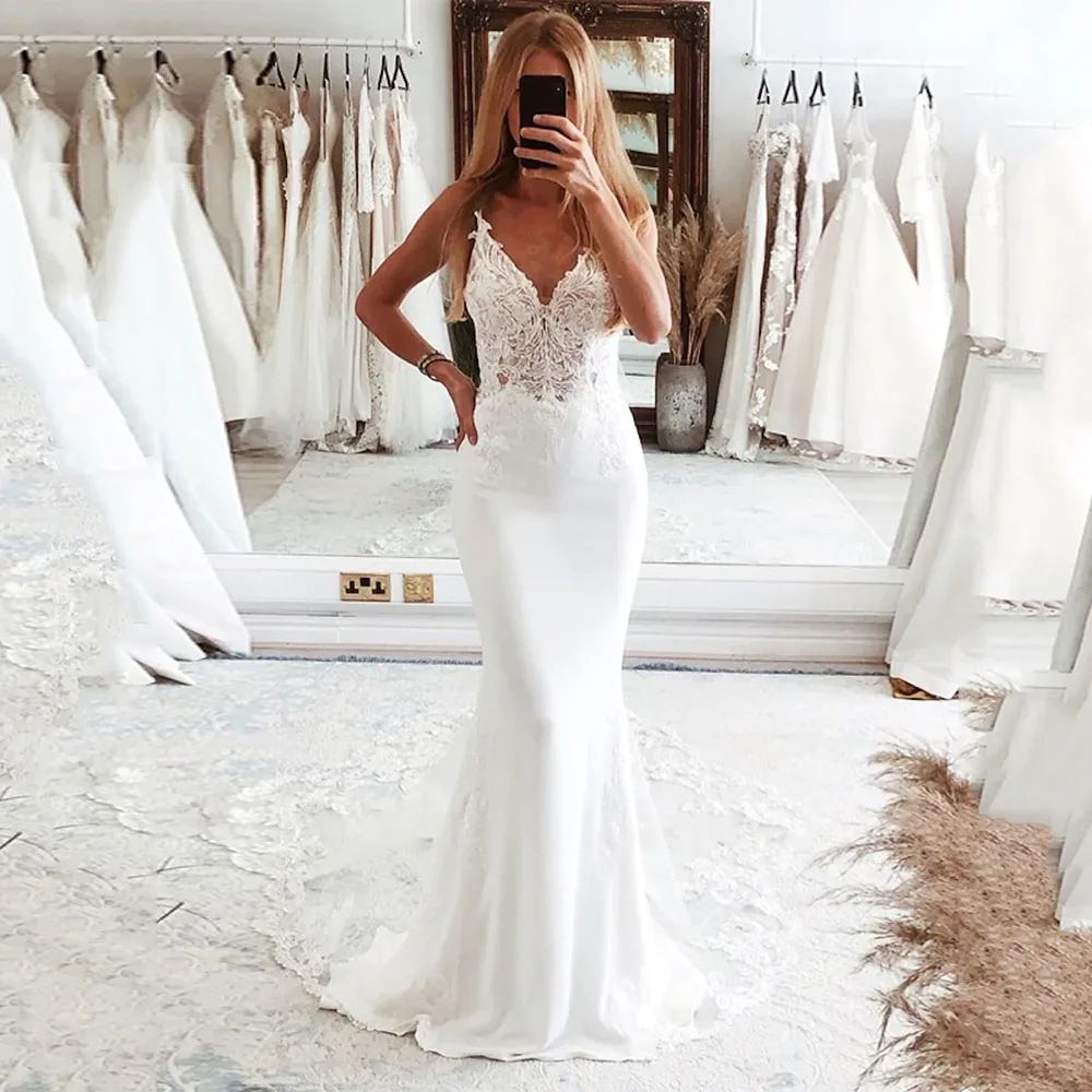 

SoDigne Elegant Mermaid / Trumpet Wedding Dresses Women Sleeveless Vneck Bride Dresses With Lace Appliques 2023 Bridal Gown