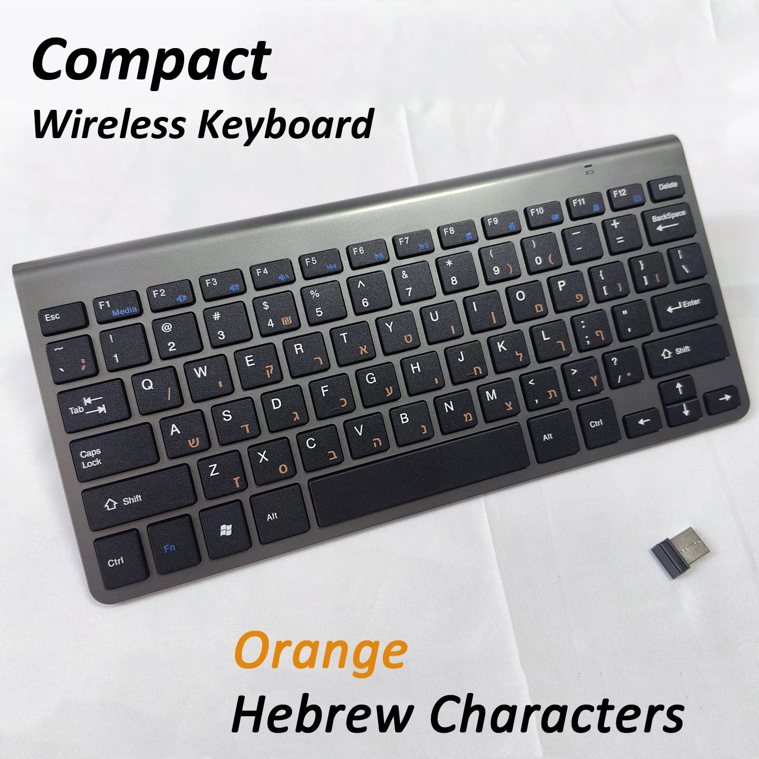 Portable Compact English Hebrew Orange Characters 2.4G Wireless Keyboard Ultra Slim Power Saving for Windows Desktop PC Laptop