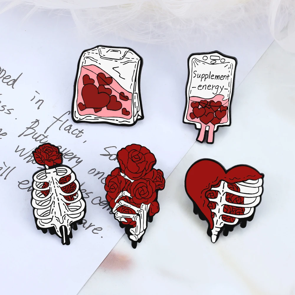 New Punk Style Skeleton Rose Enamel Pins Romantic SUPPLEMENT ENERGY Infusion Bag Brooches Couple Lover Pins Jewelry Gift Custom image 2