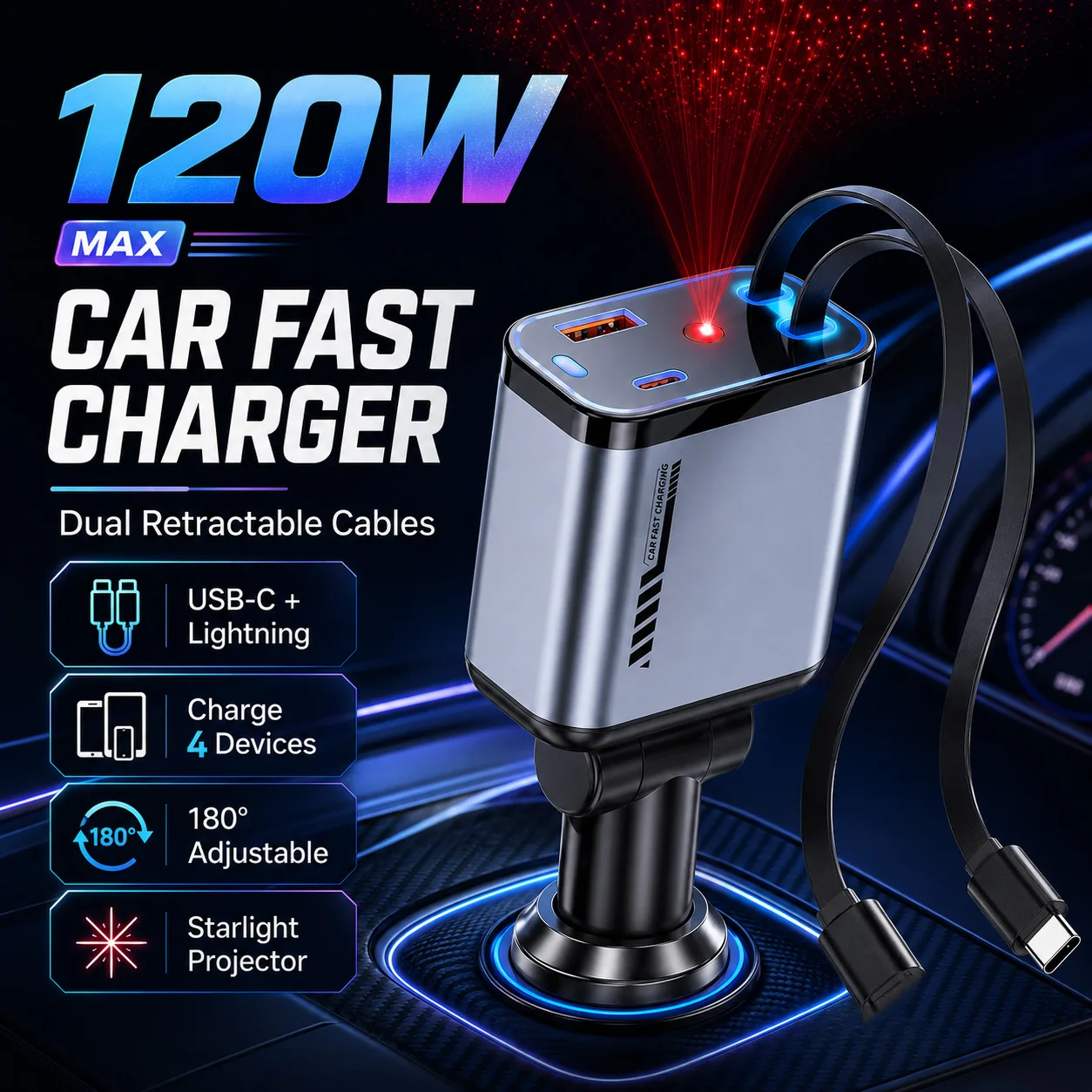 120W Car Charger Dual Retractable USB-C Lightning Cables, 4-Device Charging, 180° Adjustable, 12V-24V
