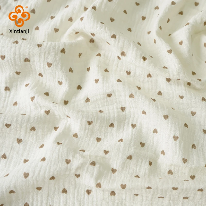 0.5m/1m/2m Soft Khaki Heart Print Double Crepe Gauze Fabric 100% Cotton Fabric DIY Sewing Clothing Baby Breathable Texture