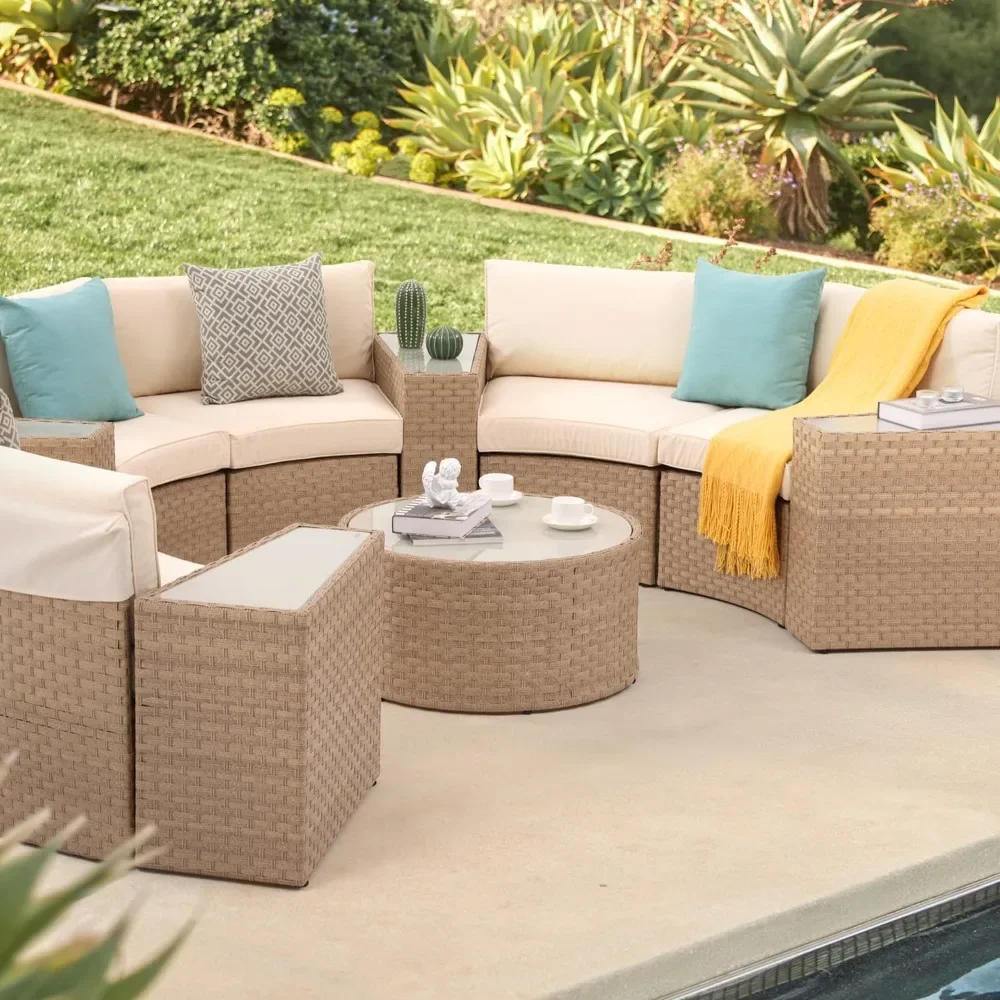 11-Piece Half Moon Patio Furniture Natural Color Wicker Sofa Creamy White Cushions with 4 Side Table and 4 Pillows，Natural Color