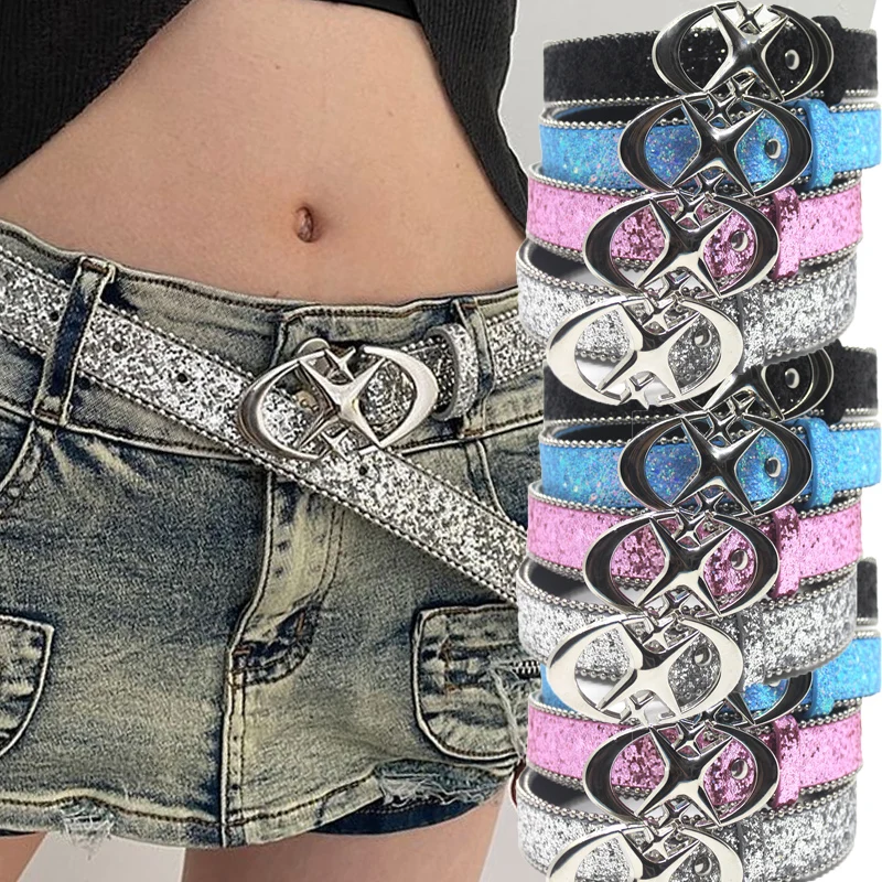 Y2k-Cinturón Punk con lentejuelas para mujer, cinturón con hebilla de estrella, diseño cruzado de Metal, gótico Vintage, ajustable, de cuero Pu, pantalones, decoración de cinturón