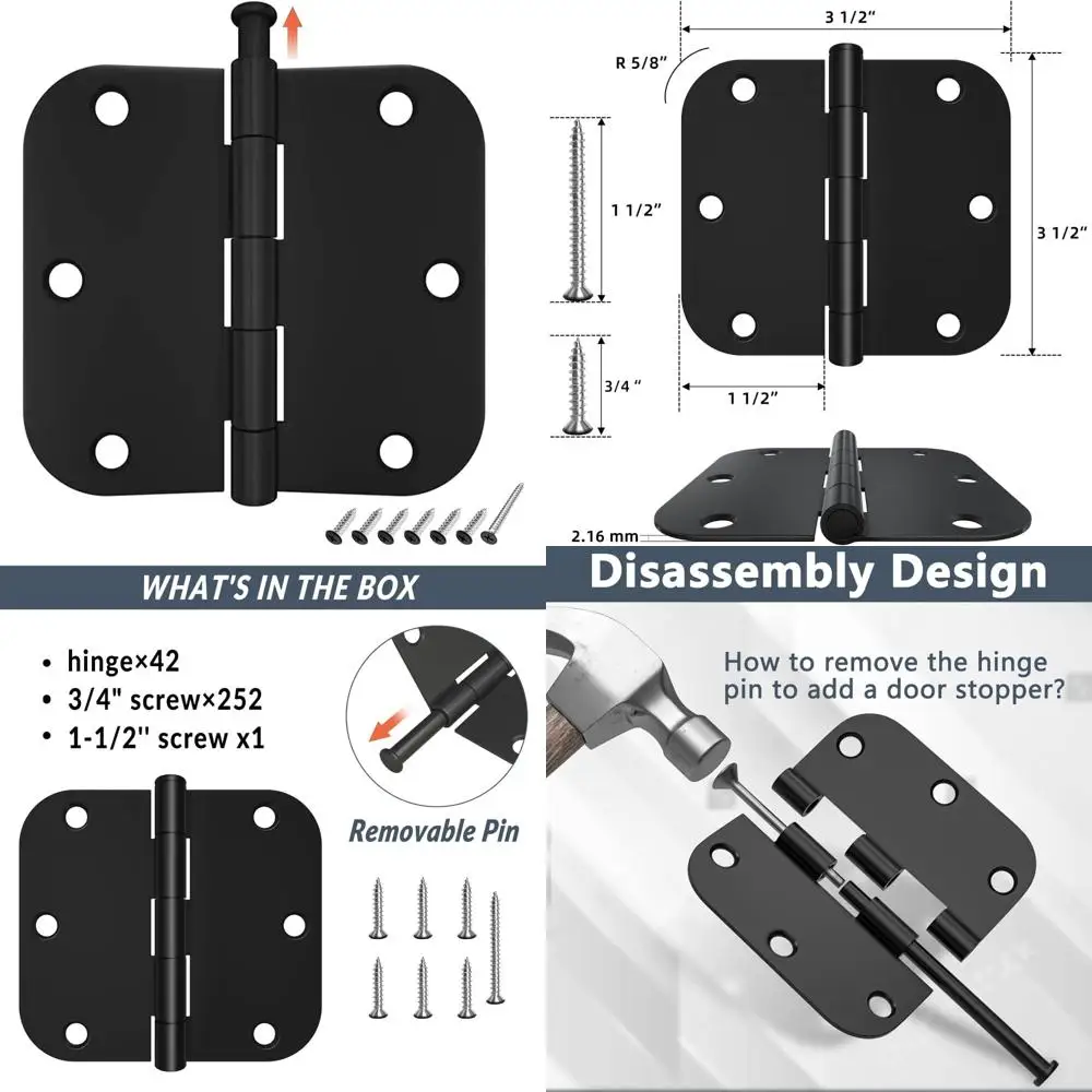 

Matte Black 42-Pack 3.5 Inch Round Corner Interior Door Hinges with 5/8 Radius for Bedrooms, Bathrooms, Cabins
