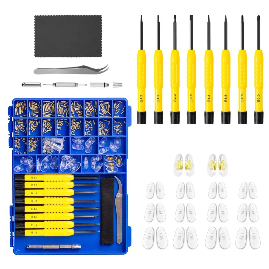 

Набор для ремонта очков с золотыми винтами, усовершенствованный универсальный комплект для ремонта очков, включает наборы прецизионных отверток, накладки для носоупоров.