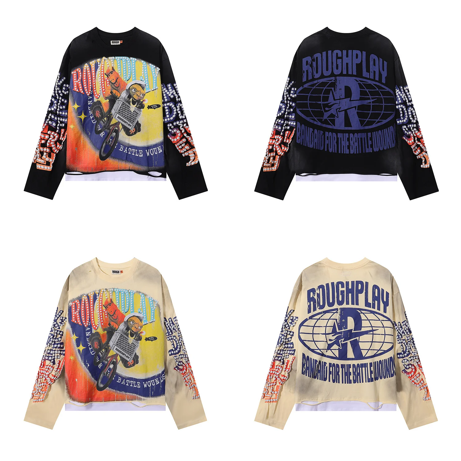 Rough Play American INS Retro Monster Trendy Brand Washed Cotton Long Sleeve T-Shirt Splicing Hole Pure Cotton Street Style