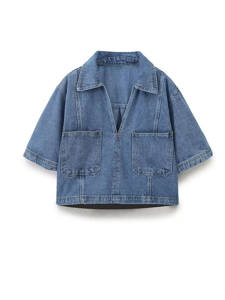 

Женские синие джинсовые рубашки, элегантные топы с коротким рукавом и V-образным вырезом