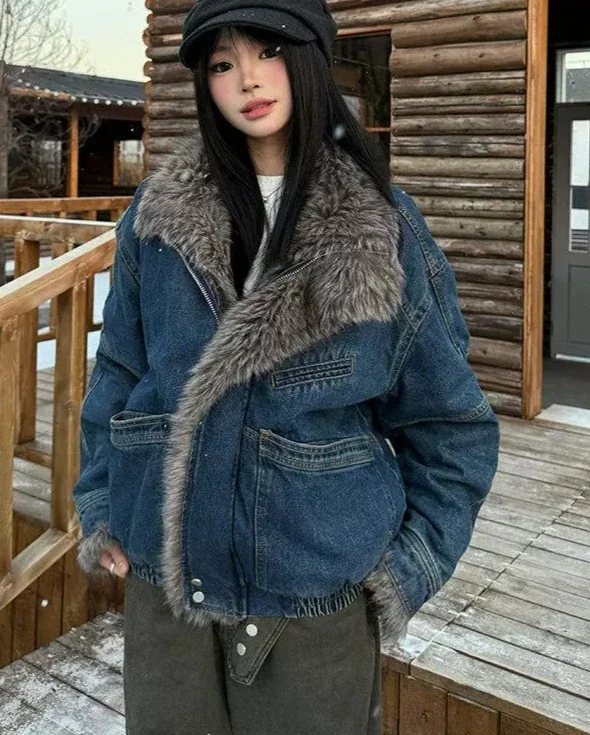 Winter Women's Denim Cotton Jacket Loose Windproof Fake Fur Jacket