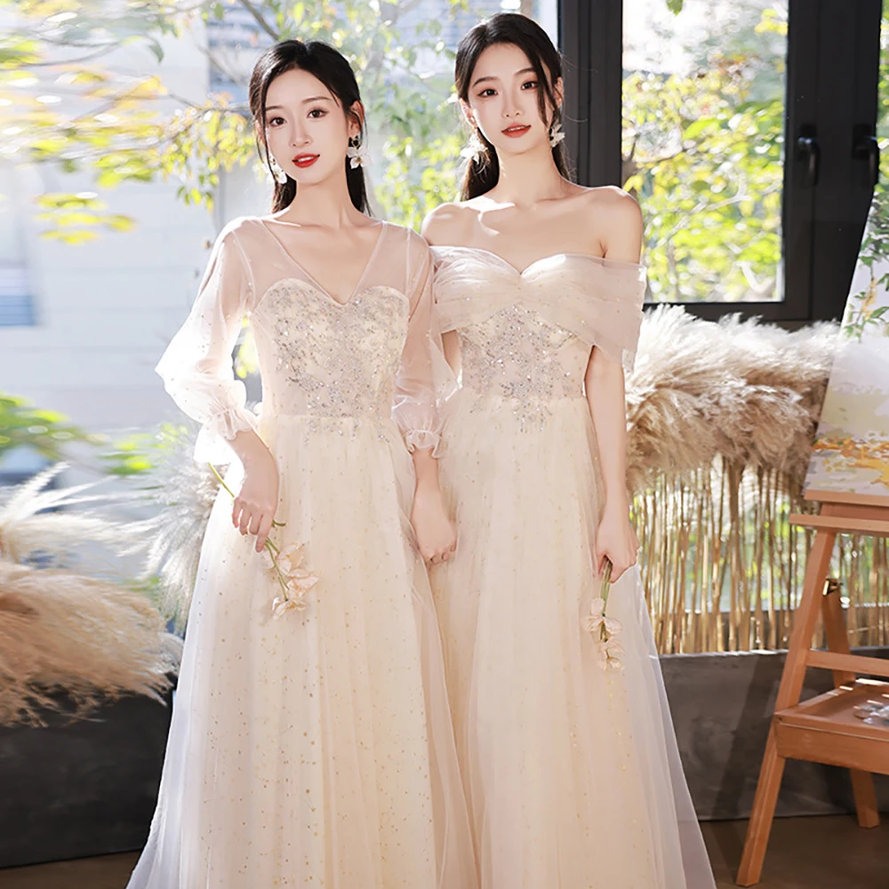 

Champagne Bridesmaid Dresses Women Luxury Designer Shiny Sequin Tulle Long Slim Fairy Evening Dress Female Formal Banquet Gown ﻿