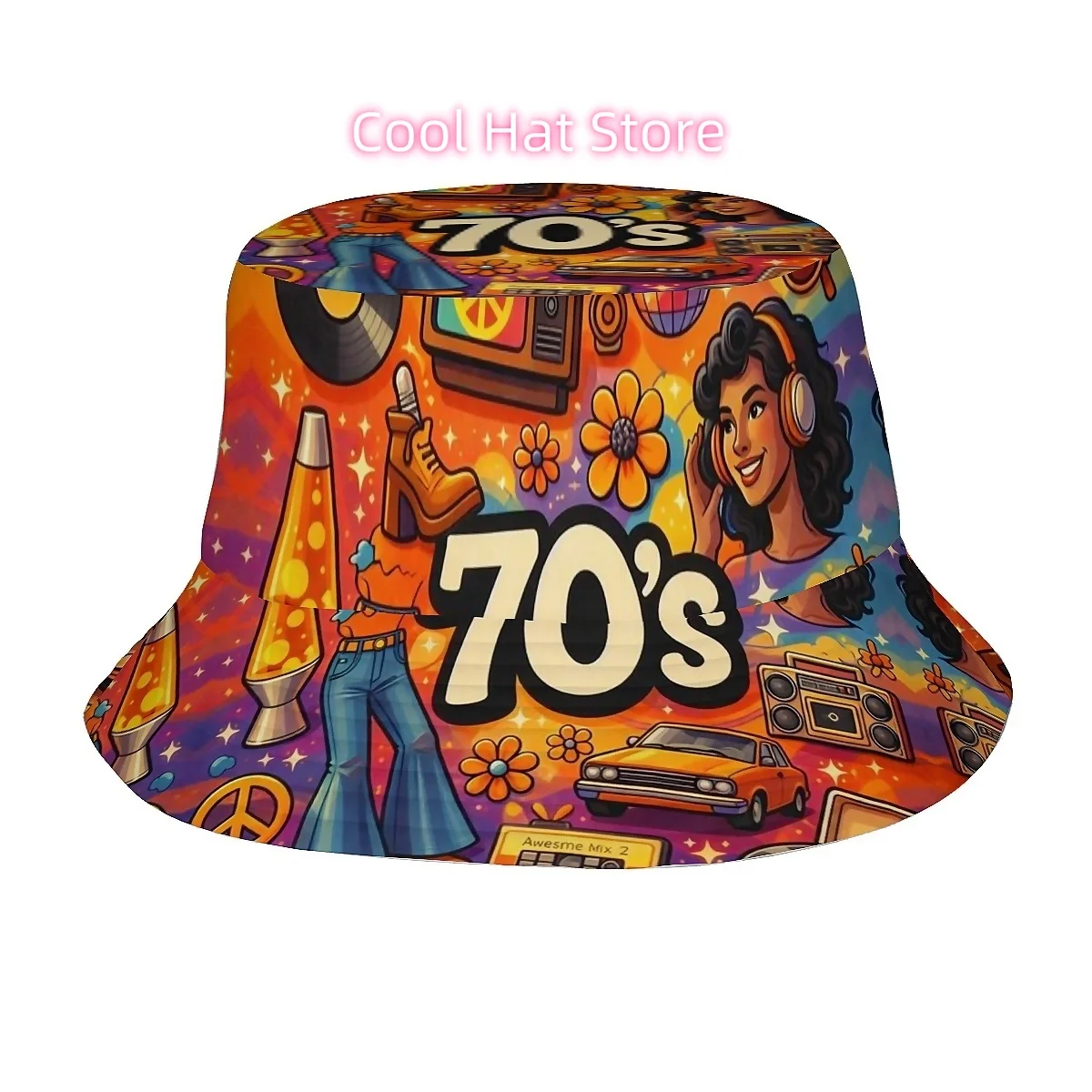 1pc Groovy 70s Hippie Retro Pattern Unisex Printed Fisherman Hat, Stylish Hat with Fun Personality, Outdoor Vacation Golf Beach