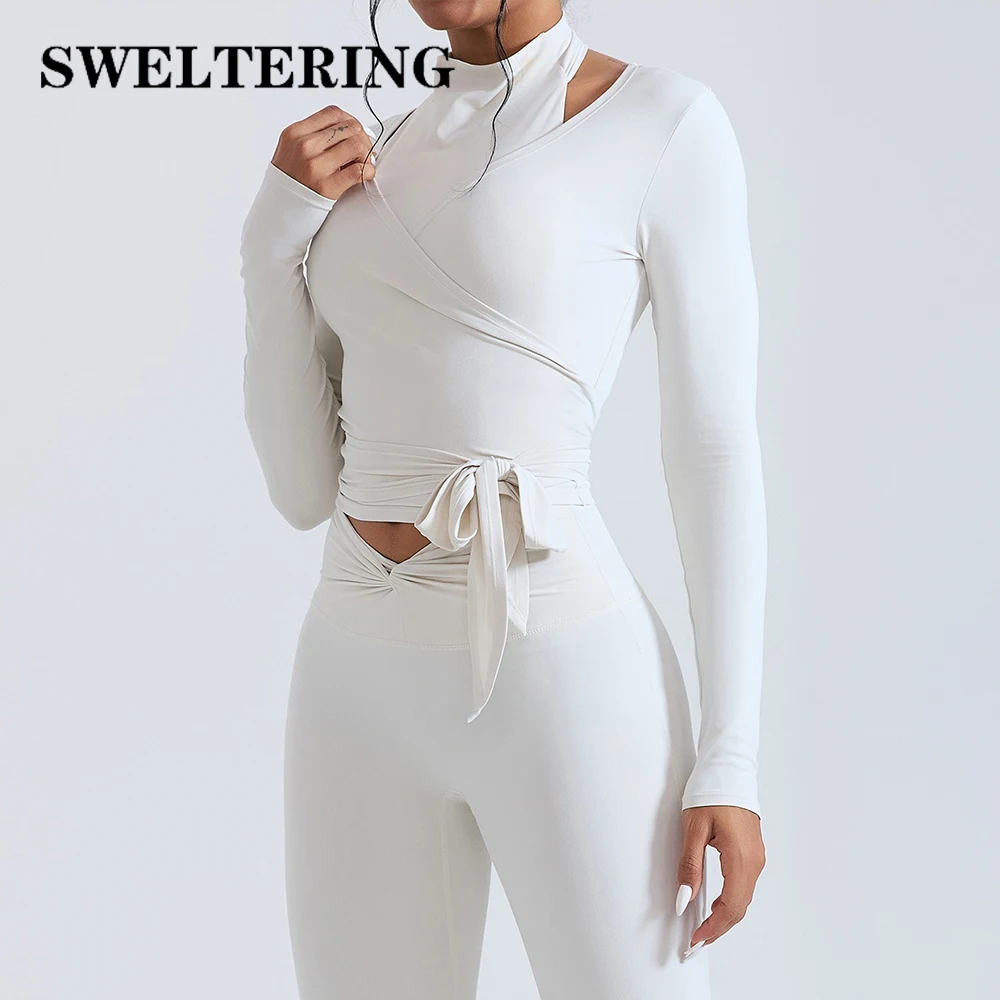 Camiseta Deportiva de Manga Larga con Tirantes Cruzados para Yoga, Gimnasio, Fitness, Pilates, Running, Deportes al Aire Libre, Holgada, Transpirable y Suave para Mujer