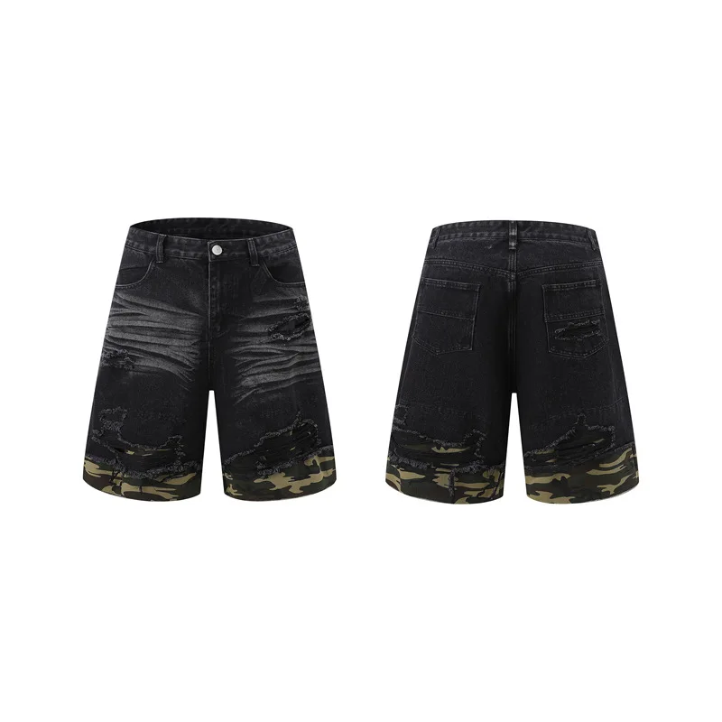 Men's Distressed Ripped Denim Short Sleeve Shirt Shorts Set 2 Piece Summer Streetwear Vintage Camo Patchwork Washed Jean Outfits view 4