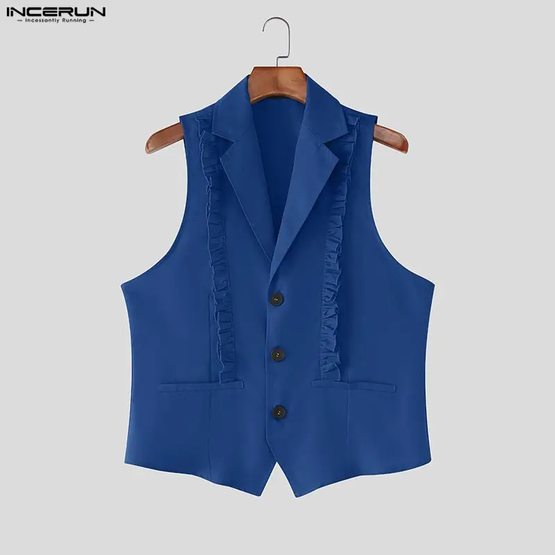 

INCERUN Men Vests Solid Color Lapel Sleeveless Button Male Waistcoats Streetwear Elegant Ruffle Fashion Casual Vests Men S-5XL
