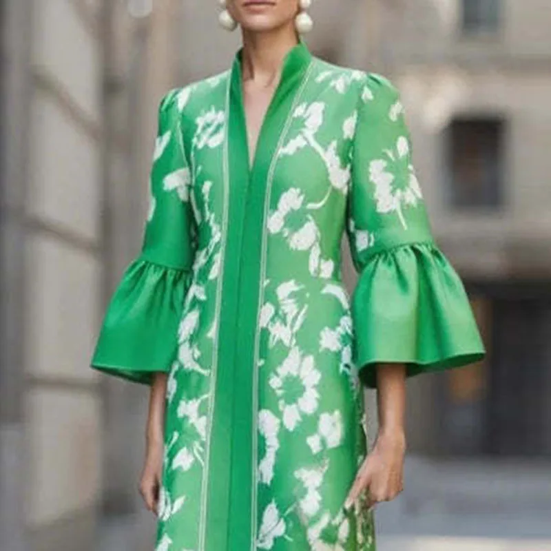 French Style Floral Print Elegant Party Dresses Woman Sexy V Neck Slim A-Line Long Dress Autumn Flare Sleeve Vacation Maxi Dress