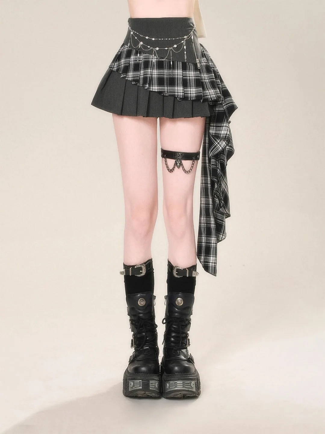 Doce legal picante xadrez cintura alta a linha saia feminina verão emagrecimento saia plissada assimétrica punk sle ort saia