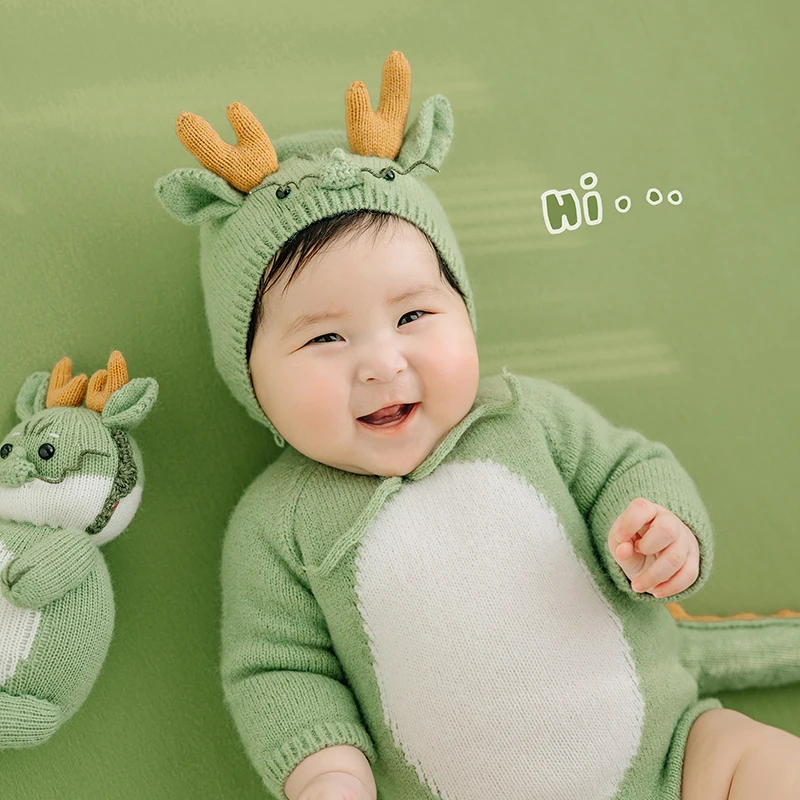 Crochet Baby Clothes Newborn Photography Outfits Cute Knitted Green Dragon Outfits Crochet Jumpsuit Hat Doll Studios Photo Props