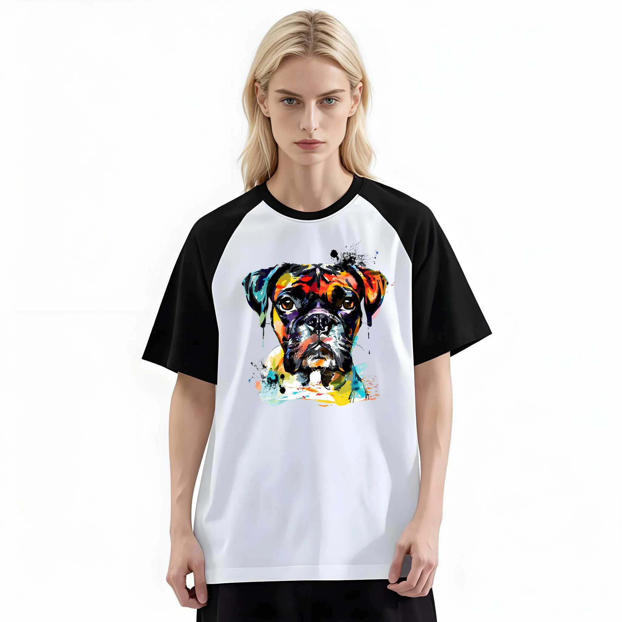 Women'S Fashion Raglan Sleeve T-Shirt, Colorful Splash Boxer Dog Art Printed, Summer Casual Comfortable Tee, Women'S Everyday Short-Sleeve Top