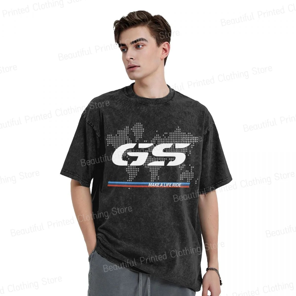 GS World Map Men Women Fashion Retro washed T-Shirt Funny Printing T-shirts