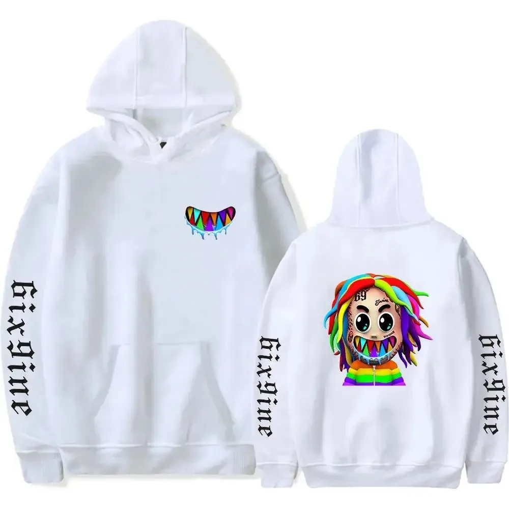 6ix9ine-white hooded sweaters for men and women, long sleeve pullovers, hip hop style, casual, fashion, for autumn