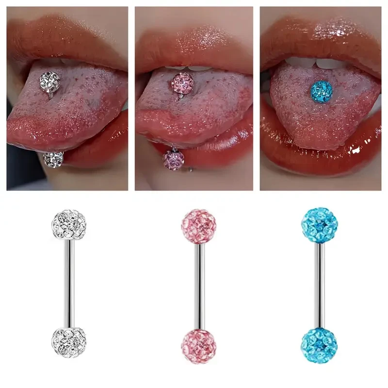 3pcs Crystal Ball Body Jewelry Set 14G Stainless Steel Straight Barbell for Tongue Nipple Ear Cartilage Helix Piercing Unisex