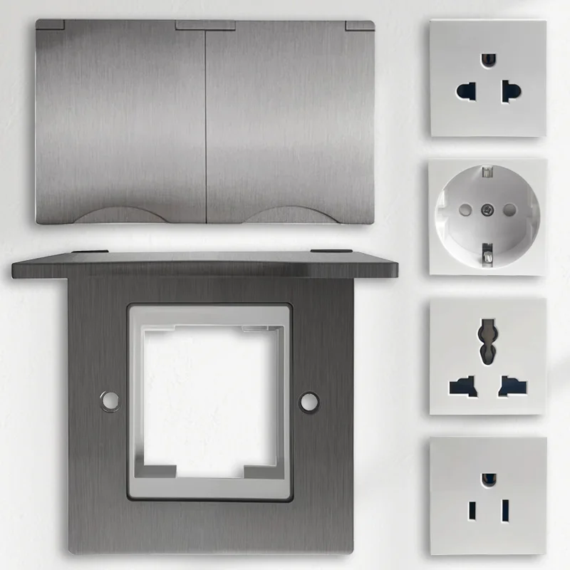 Telephone Computer Socket 8mm Stainless Steel Panel Sockets 1/2 Gang Wall Mount 13A Switch for Universal Thai/UK/FR/EU/US