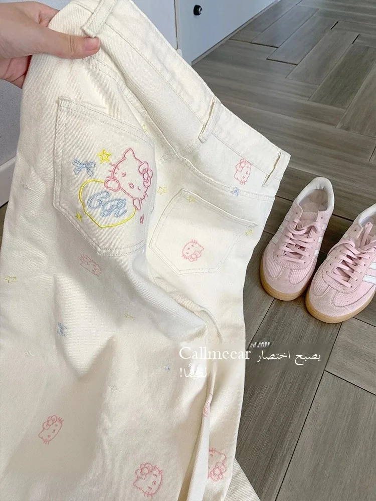 Retro American Embroidered Kit  Wide Leg Jeans High Waist Slim Straight Pants Women's Lazy Sle Casual High Waist Jeans