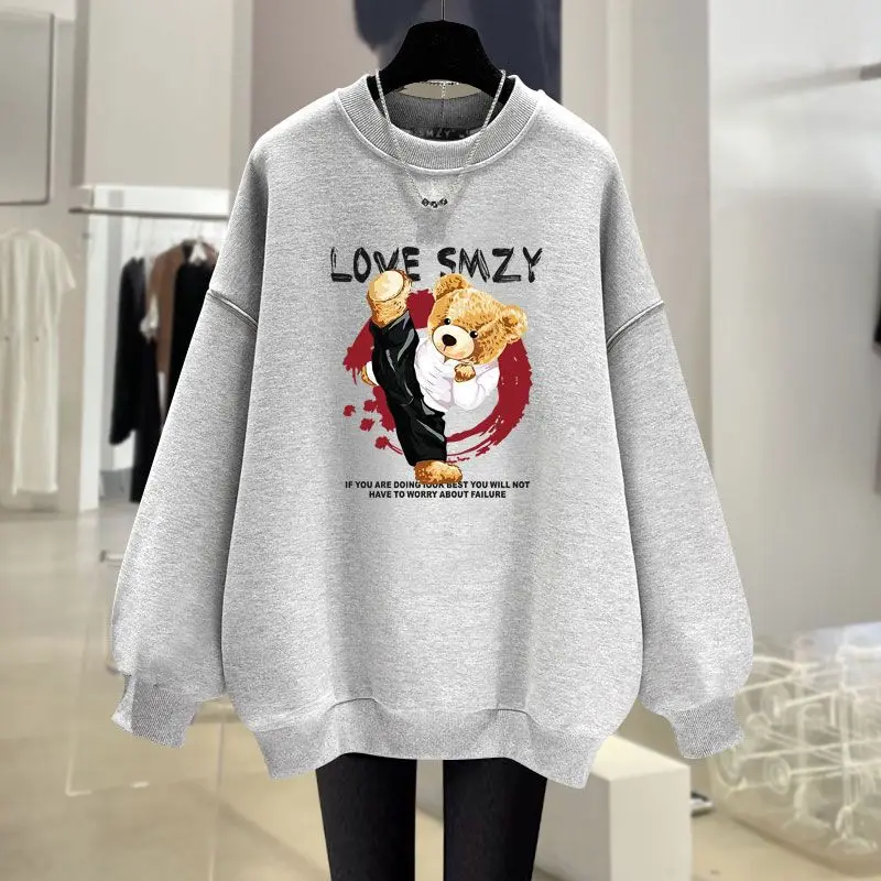 Autumn Fashion Cartoon Printed Hoodies Women Clothing Casual Loose O-neck Sweatshirts Long Sleeve Cotton Top Pullovers