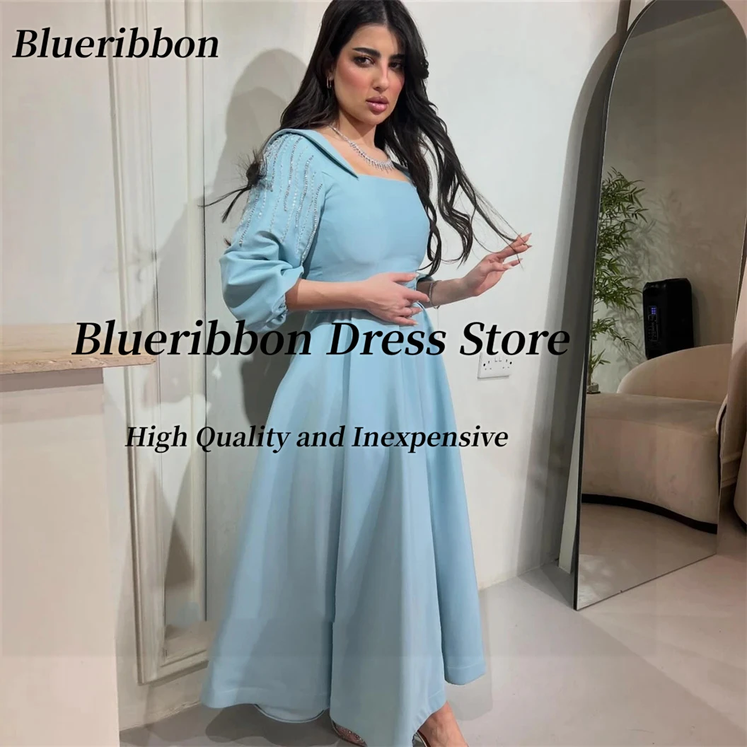 

Blueribbon Customized Beading Three Quarter Prom Dresses Saudi Arabia Women Zipper Back Evening Party Ankle Length Formal Gowns