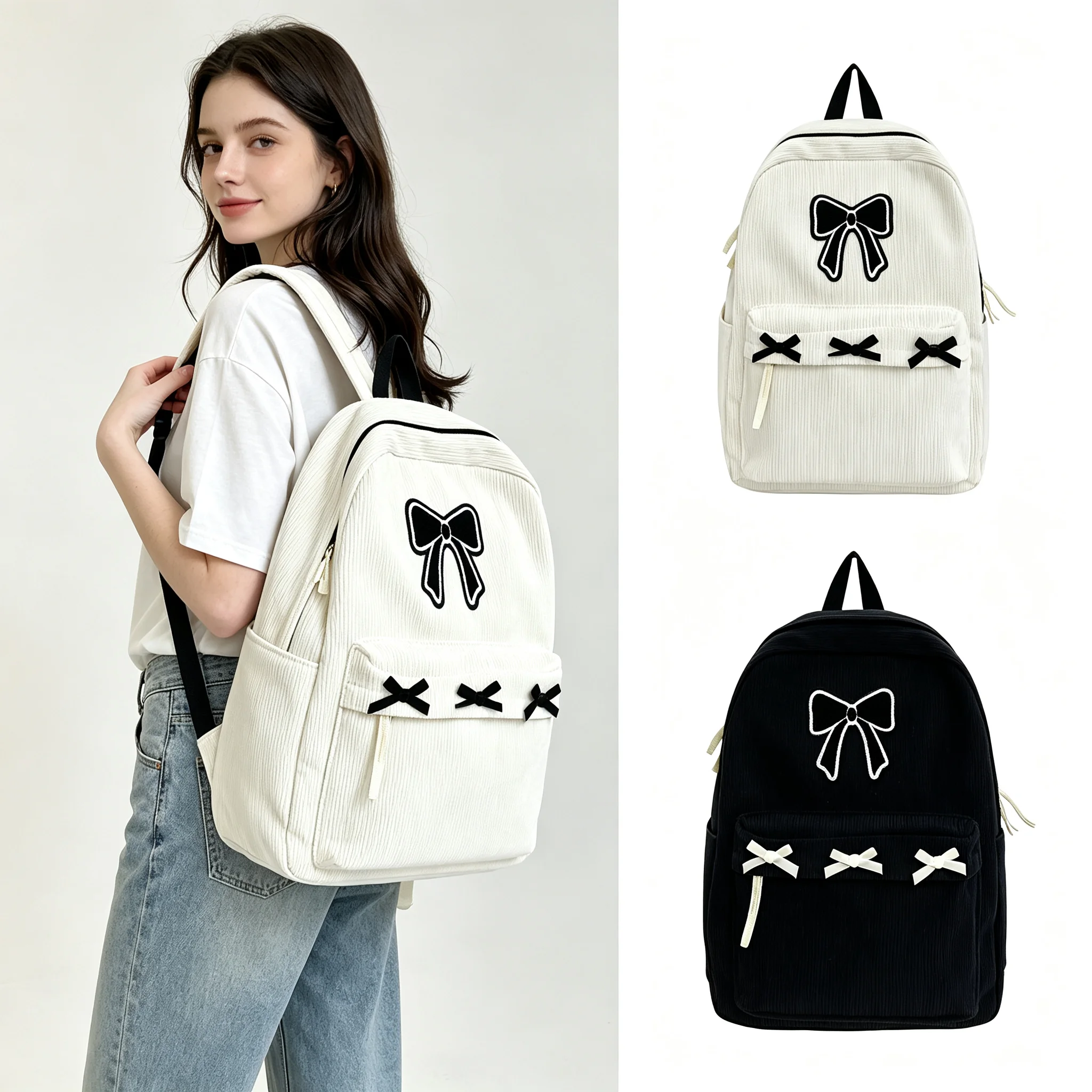 Fashion Corduroy Backpack for Girls Bow Decoration School Rucksack Lightweight Large Capacity Casual Daily Shoulder Daypack